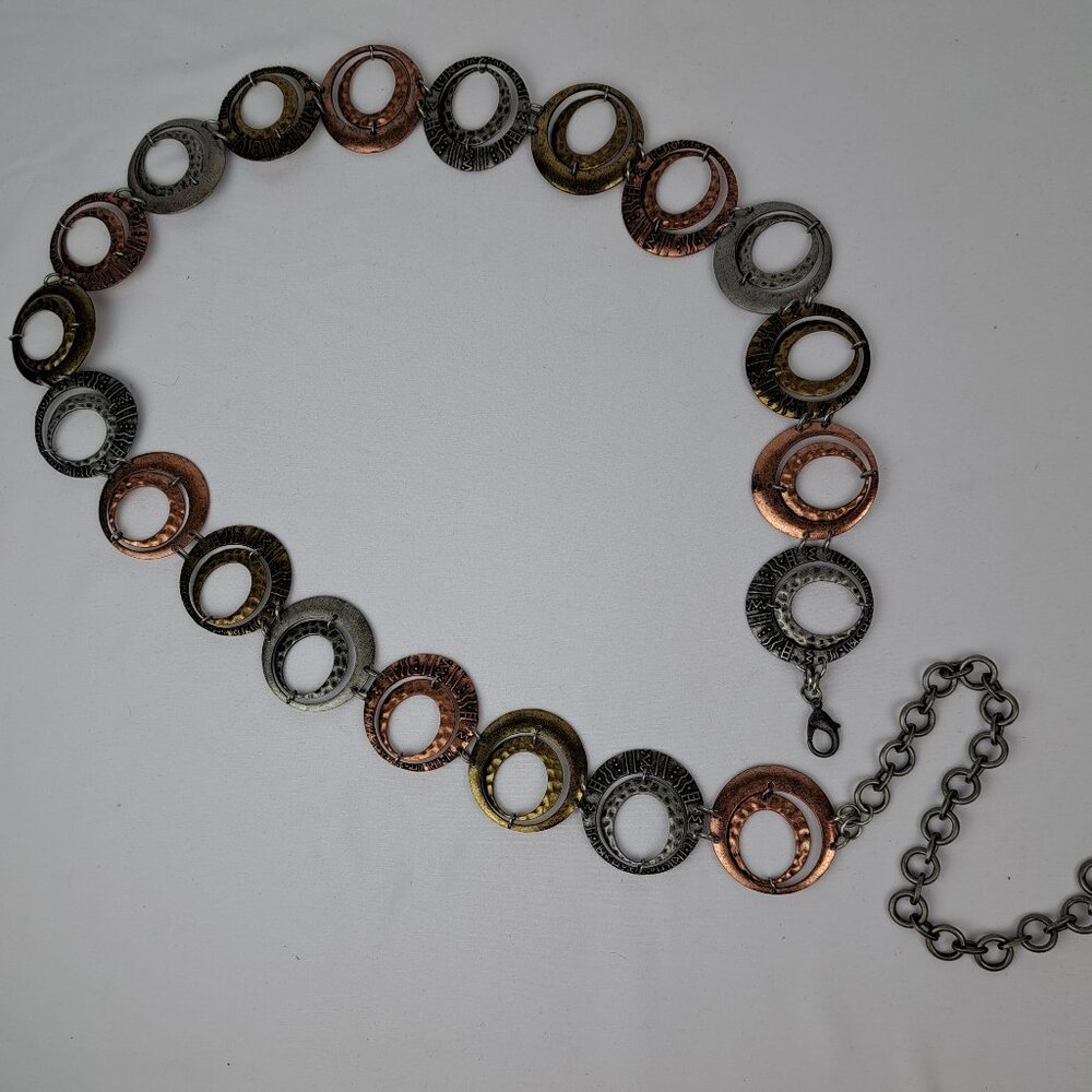 Boho Multi Tone Metal Hoop Chain Belt w/ Silver, Copper, Brass Tone Double Hoops